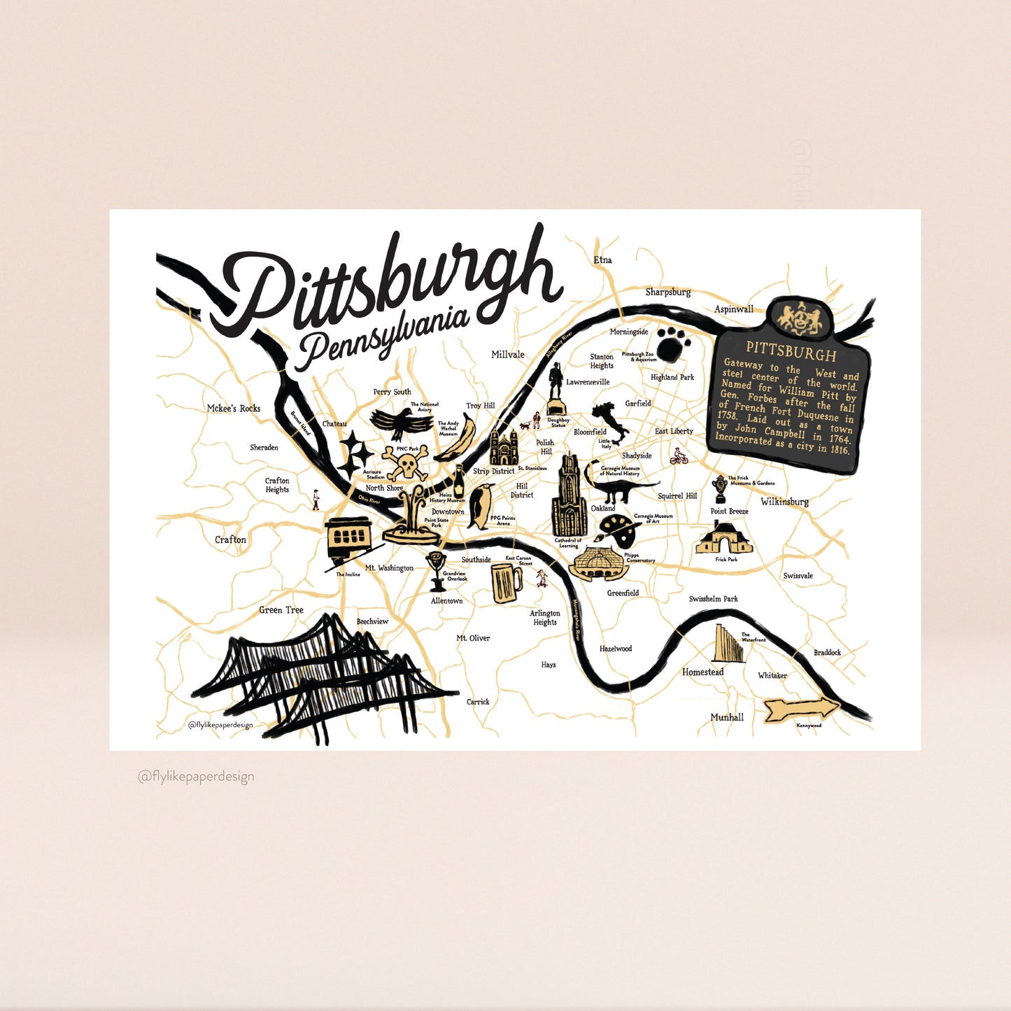 Pittsburgh, Pennsylvania Map Postcard