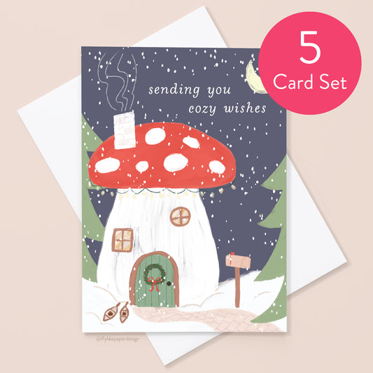 Cozy Mushroom House Christmas 5 Card Set